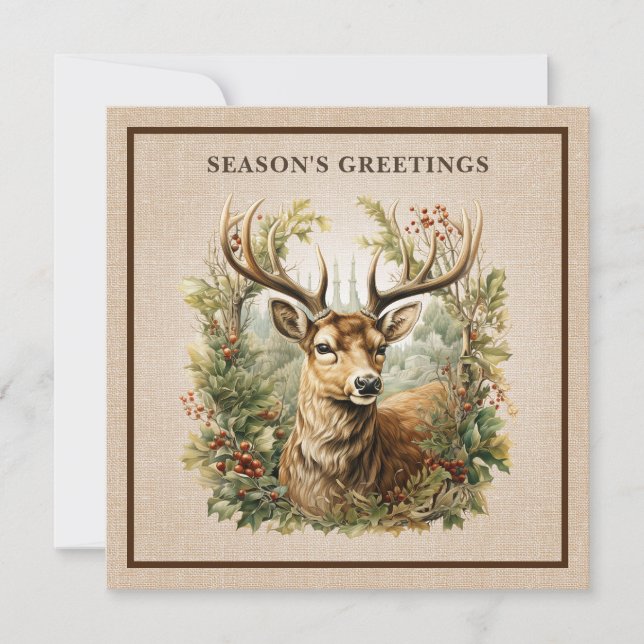 Buck Deer Rustic Elegant Woodland Burlap Luxury Holiday Card (Front)