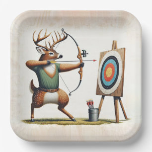 Buck Deer Shooting a Bow and Arrow Paper Plate