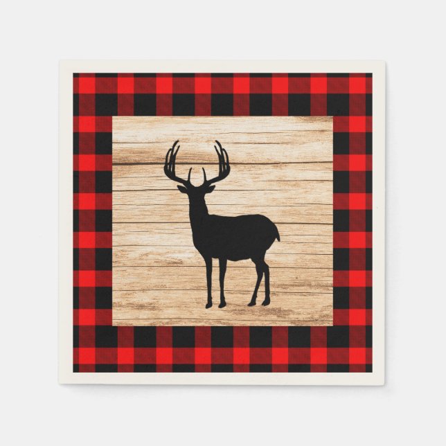 Buck Deer Silhouette Buffalo Plaid Wood Napkin (Front)