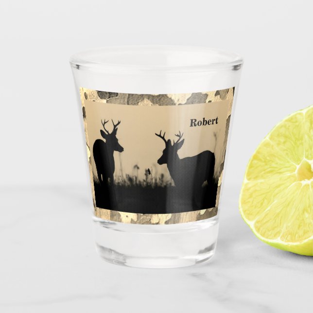Buck Deer Silhouette Camo Trim Personalised Shot Glass (Front)