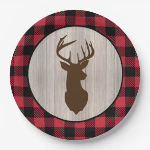 Buck Deer Silhouette Lumberjack Buffalo Plaid Paper Plate