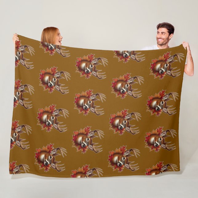 Buck Deer Surrounded by Autumn Leaves Fleece Blanket (In Situ)