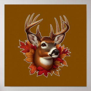 Buck Deer Surrounded by Autumn Leaves Poster