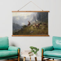 Buck & Doe Deer Herd In Forest Landscape Art