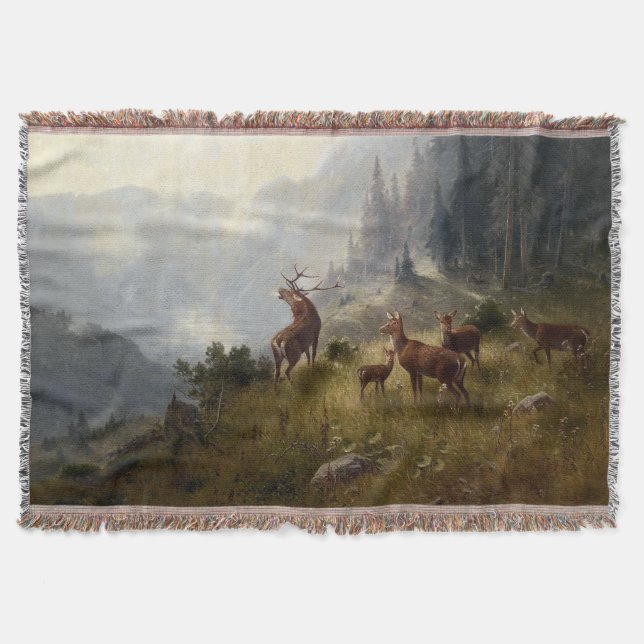 Buck & Doe Deer Herd In Forest Landscape Art Throw Blanket (Front)