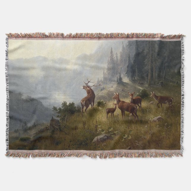 Buck & Doe Deer Herd In Forest Landscape Throw Blanket (Front)