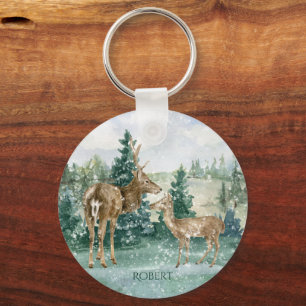 Buck Doe Snow Forest Winter Scene Monogram  Key Ring