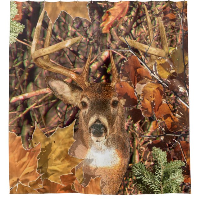 Buck Head in Camouflage White Tail Deer Shower Curtain (Front)