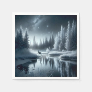 Buck In A Winter River at Night Napkin