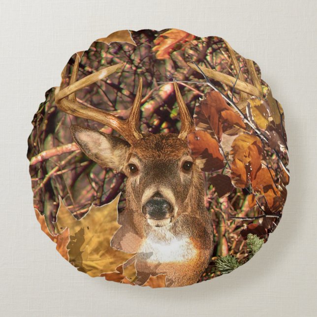 Buck in Fall season scene White Tail Deer Round Cushion (Front)