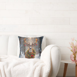 Buck In Snowflakes Wearing a Holiday Wreath Cushion