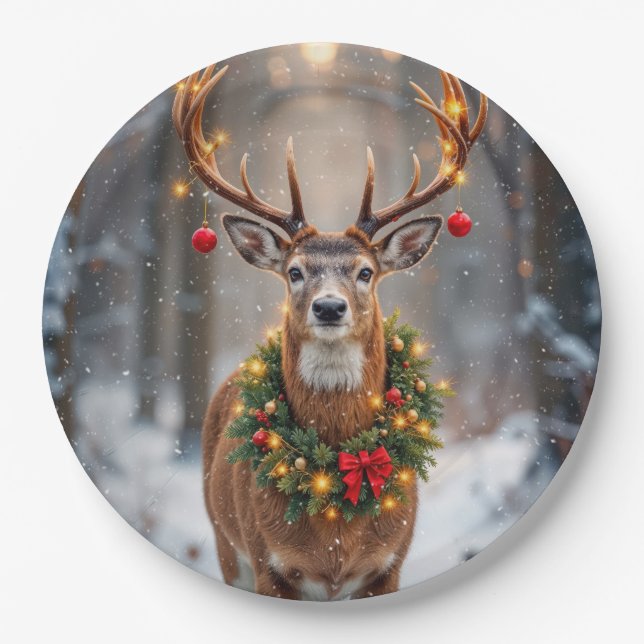 Buck In Snowflakes Wearing a Holiday Wreath Paper Plate (Front)