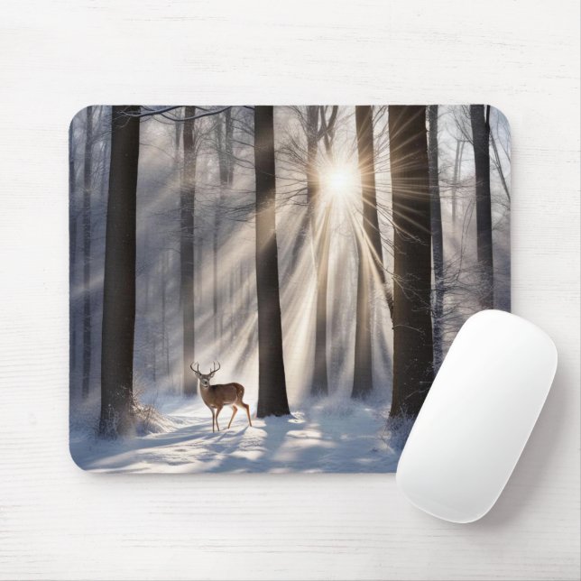 Buck In Winter Forest Mouse Mat (With Mouse)