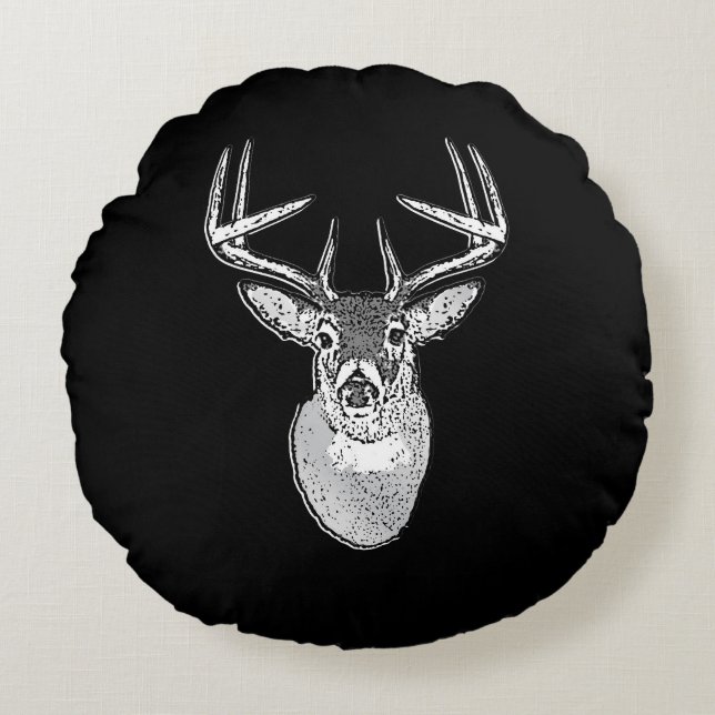 Buck on Black White Tail Deer head Round Cushion (Front)