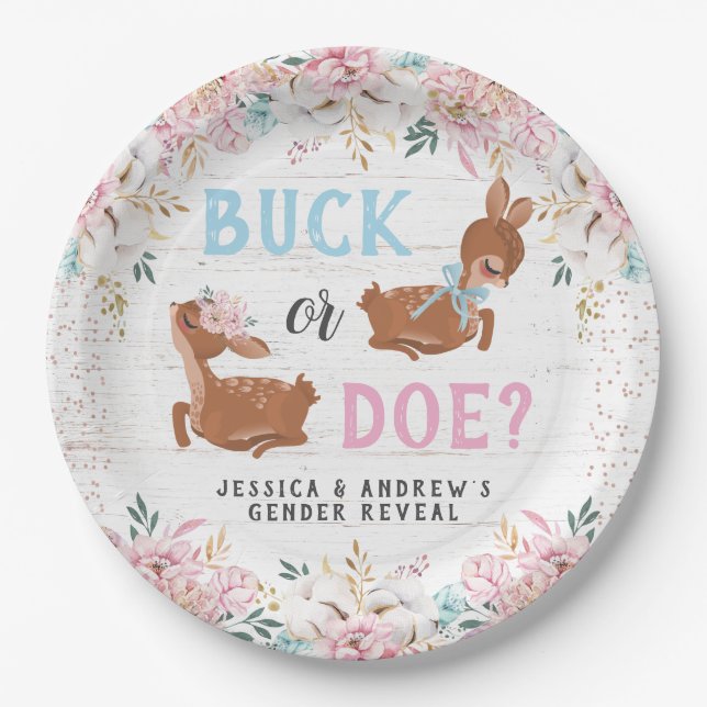 Buck or Doe? Baby Shower Reveal Paper Plate (Front)