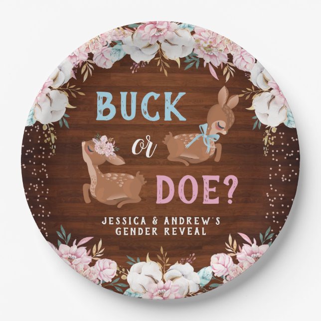 Buck or Doe? Baby Shower Reveal Paper Plate (Front)