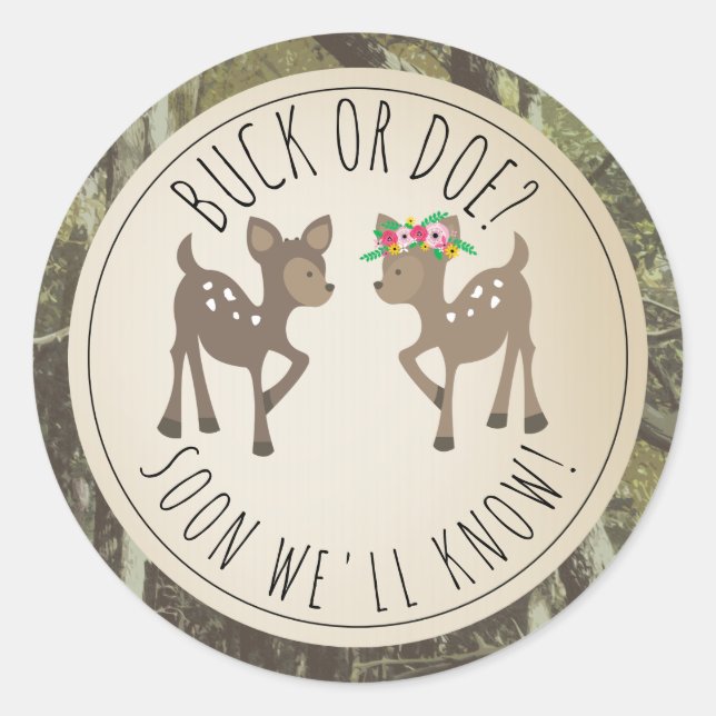 Buck Or Doe Camo Baby Gender Reveal Classic Round Sticker (Front)