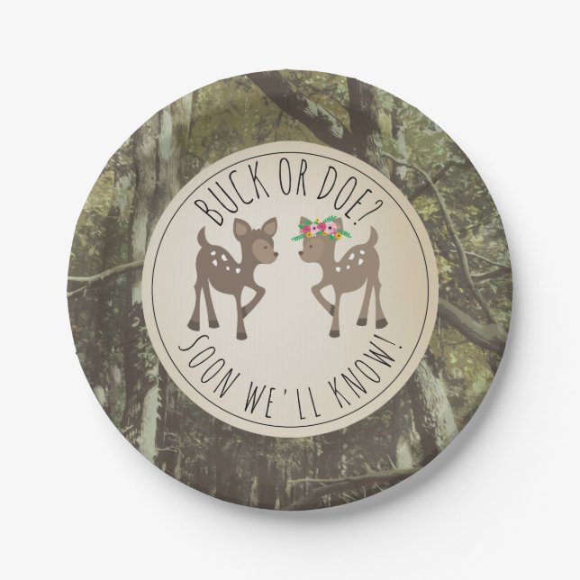 Buck Or Doe Camo Baby Gender Reveal Paper Plate (Front)