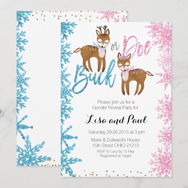Buck or Doe Gender Reveal Invitation Winter (Front/Back)