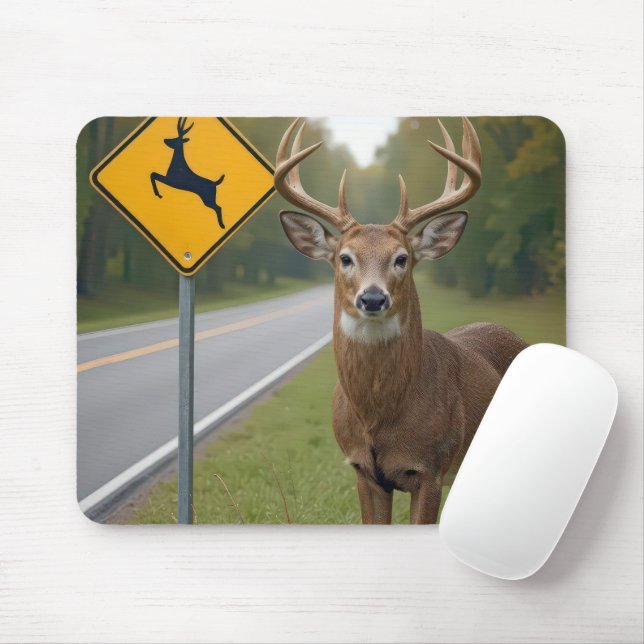 Buck Posed By a Deer Crossing Sign Mouse Mat (With Mouse)
