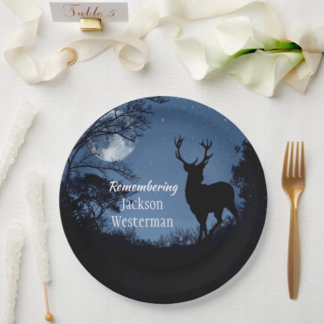 Buck Silhouette at Night Memorial Round Paper Plate (Wedding)