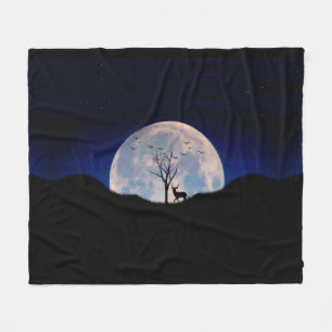 Buck with Big Rack Against Full Moon Fleece Blanket