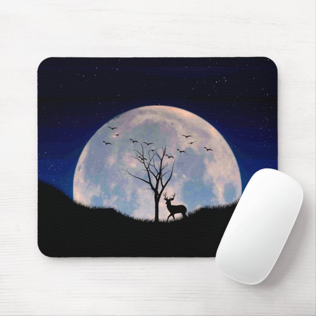 Buck with Big Rack Against Full Moon Mouse Mat (With Mouse)