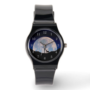 Buck with Big Rack Against Full Moon White Numbers Watch