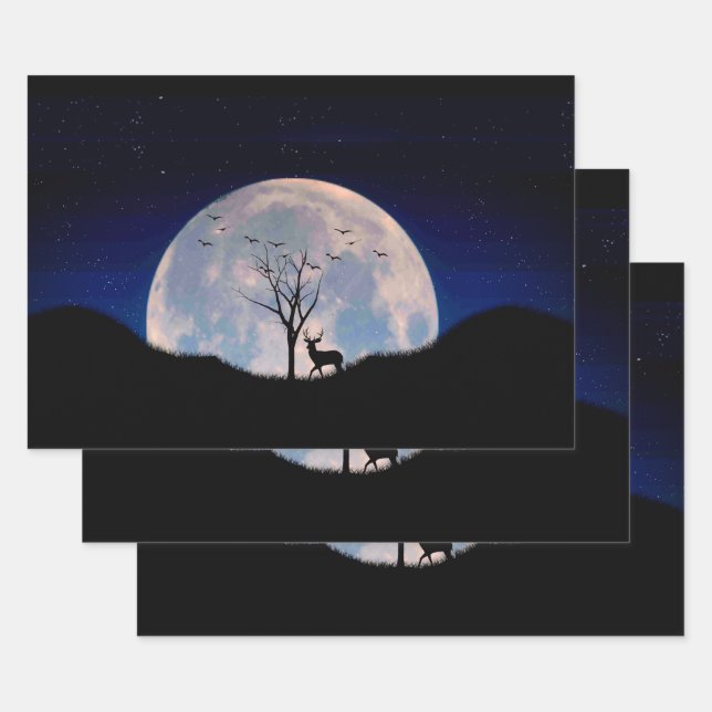 Buck with Big Rack Against Full Moon Wrapping Paper Sheet (Set)