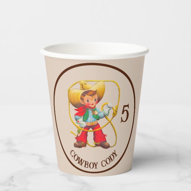 Buckaroo Cowboy Boy's Birthday Name & Age Paper Cups (Front)