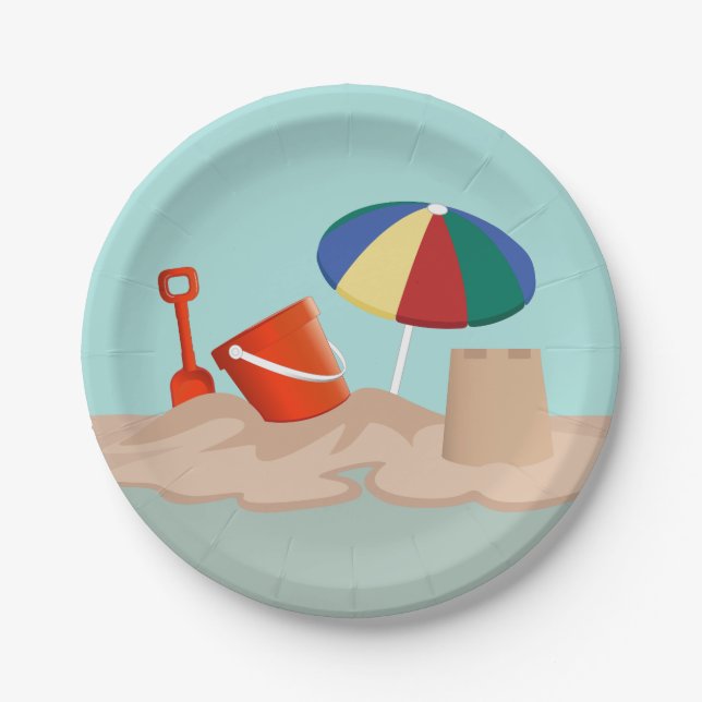 Bucket and Spade Circle Beach Scene Illustration Paper Plate (Front)