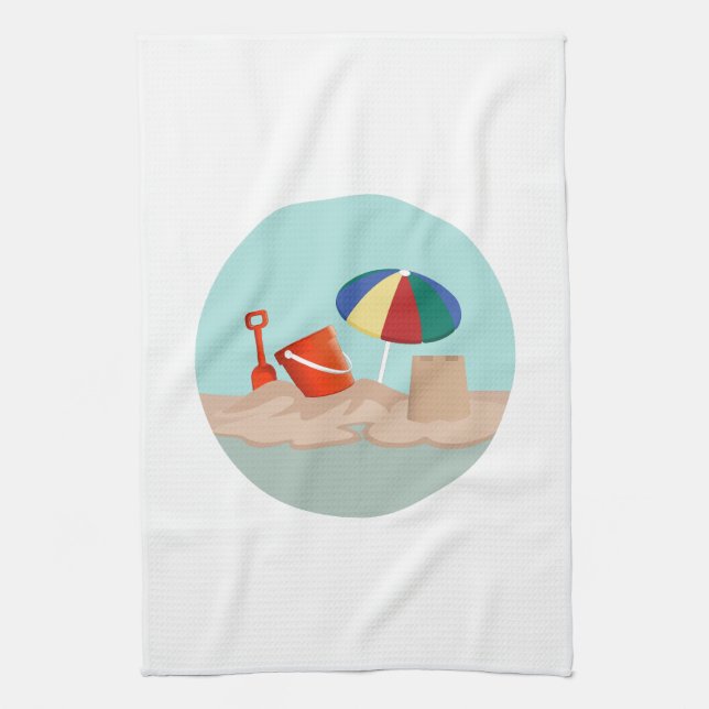 Bucket and Spade Circle Beach Scene Illustration Tea Towel (Vertical)