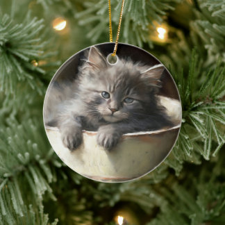 Bucket Full Of Joy Sweet Grey Kitten Ceramic Tree Decoration