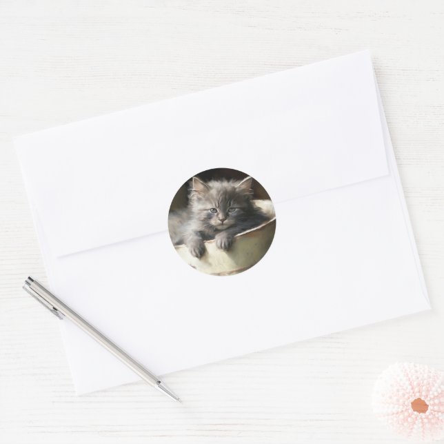 Bucket Full Of Joy Sweet Grey Kitten Classic Round Sticker (Envelope)