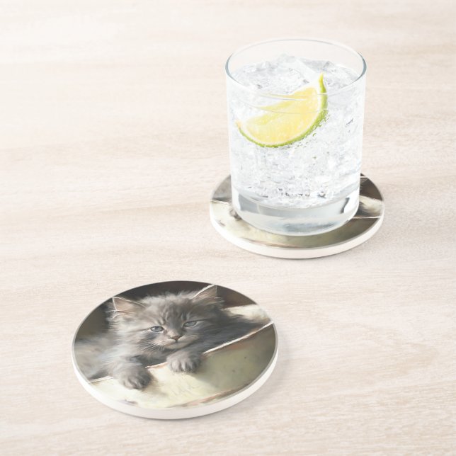 Bucket Full Of Joy Sweet Grey Kitten Coaster (Side)