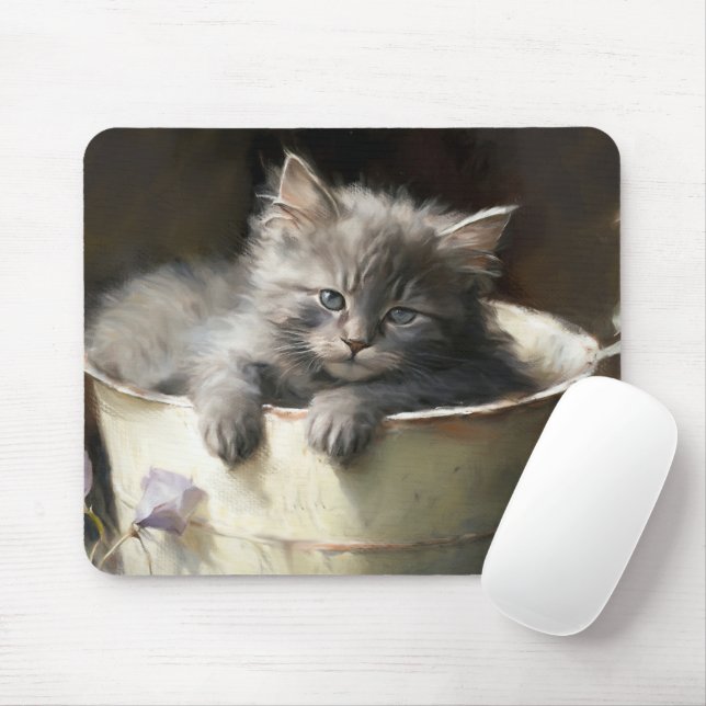Bucket Full Of Joy Sweet Grey Kitten Mouse Mat (With Mouse)