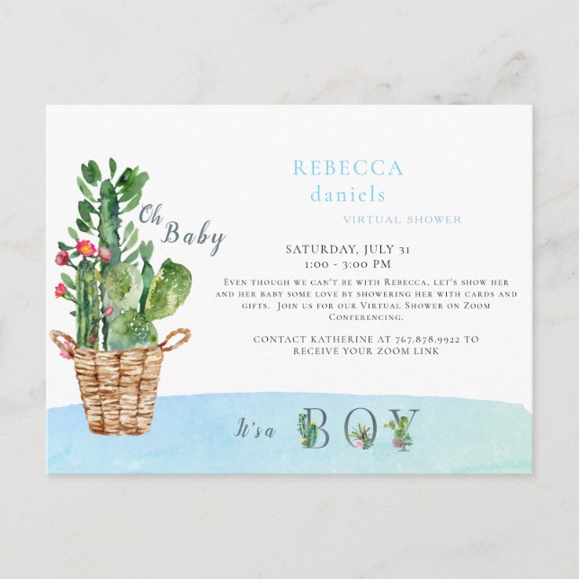 Buckets of Cacti Blue Oh Baby Shower By Mail Annou Announcement Postcard (Front)