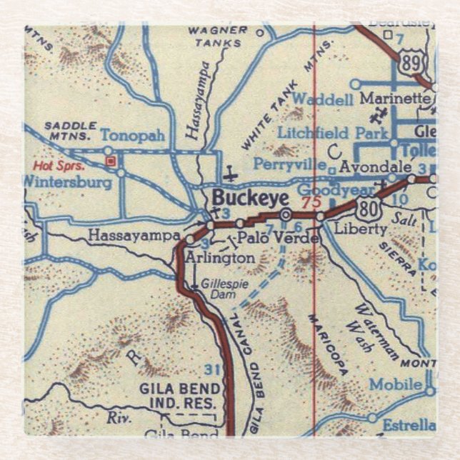 Buckeye AZ Vintage Map Glass Coaster (Front)