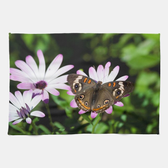 Buckeye Butterfly on Purple flower Tea Towel (Horizontal)