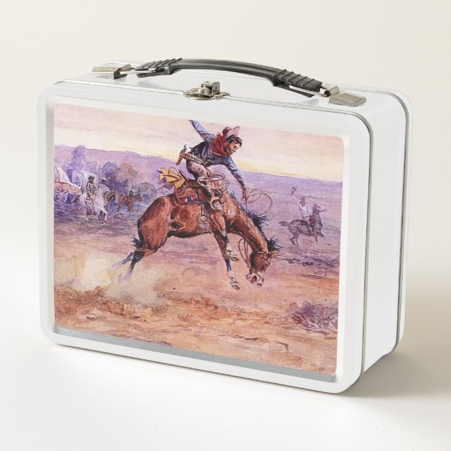 “Bucking Bronco” Cowboy Art by Charles Russell Metal Lunch Box (Front)