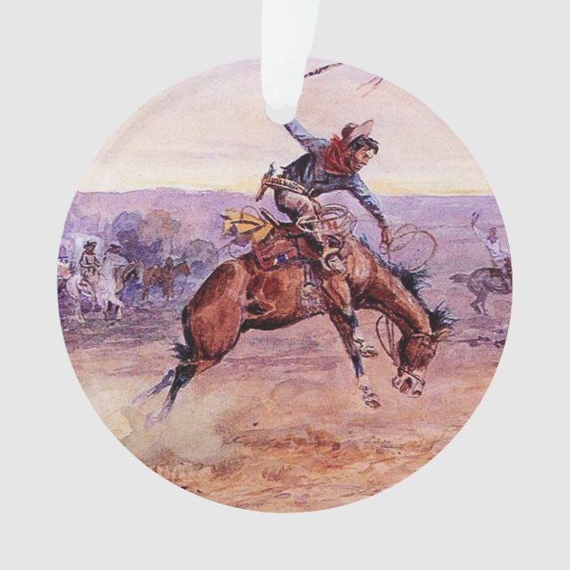 “Bucking Bronco” Cowboy Art by Charles Russell Ornament (Front)