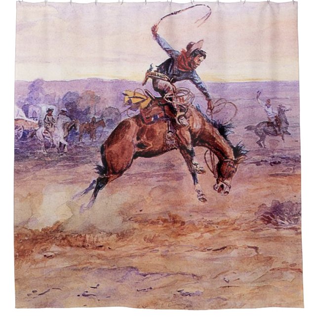 “Bucking Bronco” Cowboy Art by Charles Russell Shower Curtain (Front)