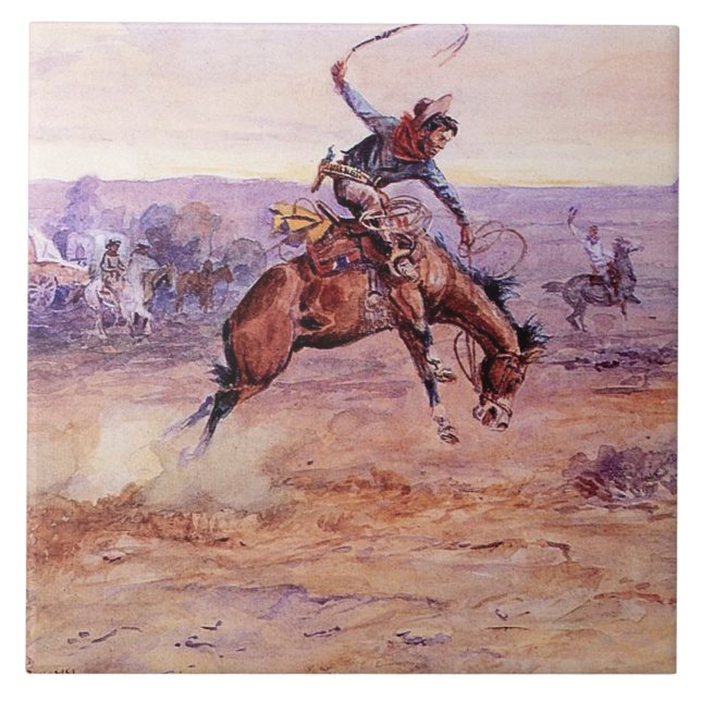 “Bucking Bronco” Cowboy Art by Charles Russell Tile (Front)