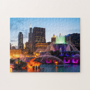 Buckingham Fountain Lit At Night Jigsaw Puzzle