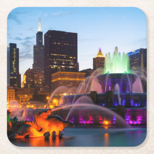 Buckingham Fountain Lit At Night Square Paper Coaster