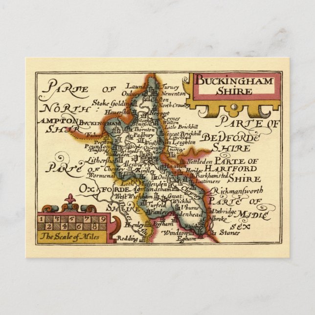 Buckinghamshire County England Old Antiquarian Map Postcard (Front)