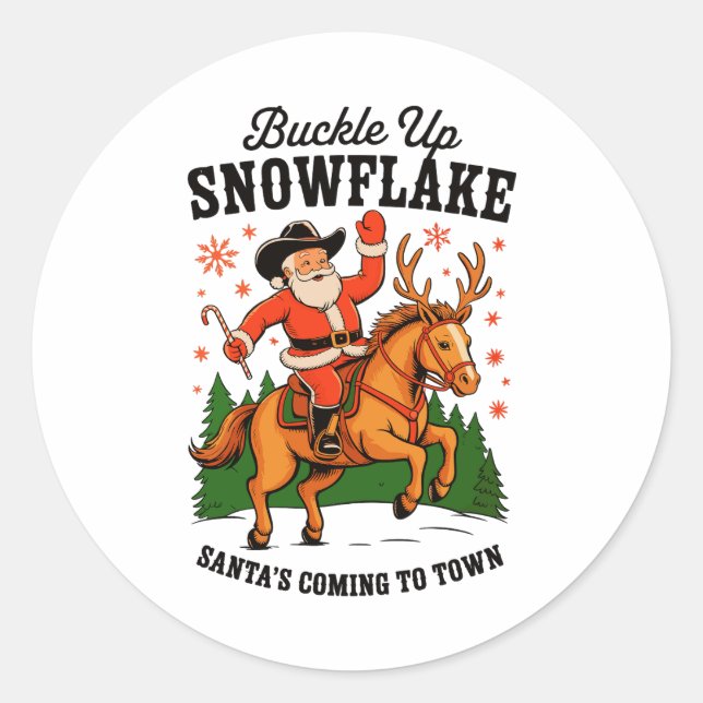 Buckle Up Snowflake Rodeo Cowboy Santa Christmas Classic Round Sticker (Front)
