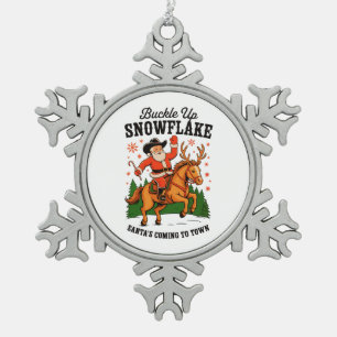 Buckle Up Snowflake Rodeo Cowboy Santa Christmas Snowflake Pewter Christmas Ornament