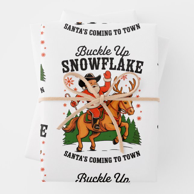 Buckle Up Snowflake Rodeo Cowboy Santa Christmas Wrapping Paper Sheet (In situ)
