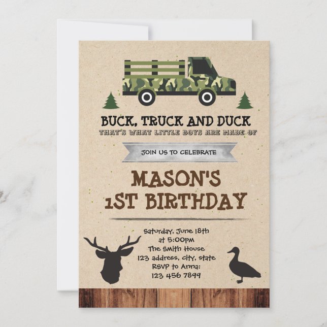 Bucks Trucks and Ducks party invitation (Front)
